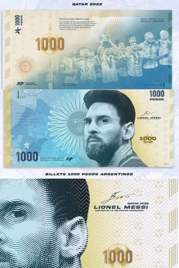 Messi on argentina 1000 peso bank note. Argentina is considering to print Messi's face on their Bank note